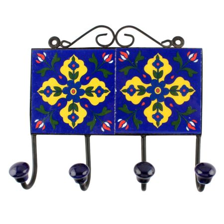 Navy Blue And Yellow Leaf Ceramic Floral Tiles Hook 